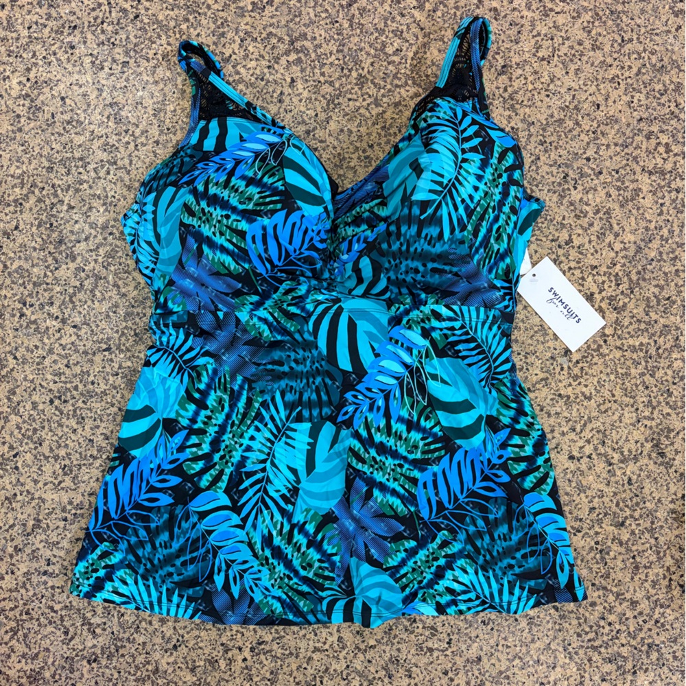Tropical Blue Leaf Print Swim Top